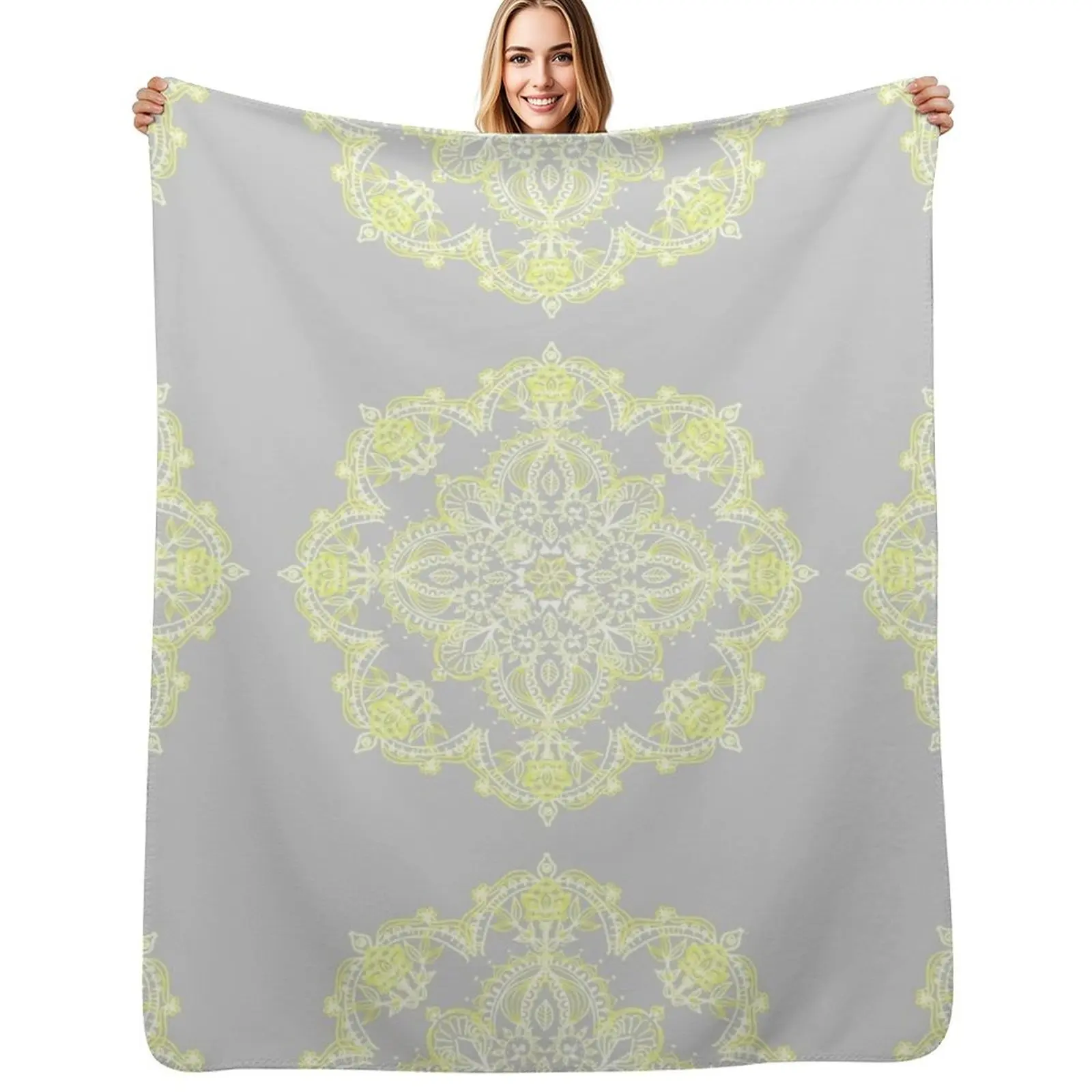 

Pale Lemon Yellow Lace Mandala on Grey Throw Blanket manga halloween Sofa Throw Softest Blankets