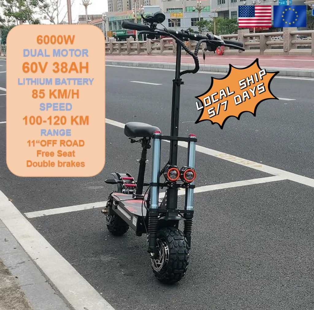 

EU USA Adult Electric Scooter Dual Motor 60V 38Ah Battery Electric Scooter 11 Inch Off Road Tire Seat Electric Foldable Scooter