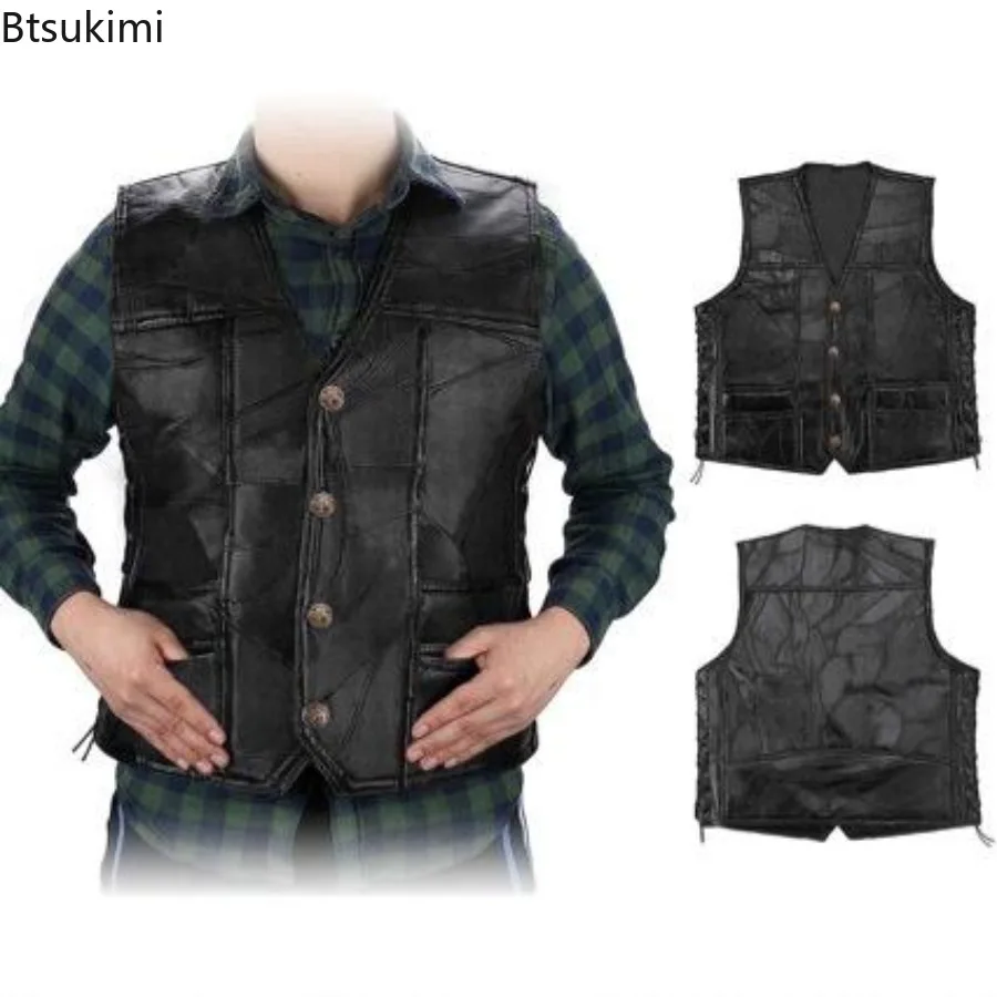 Men's Sheepskin Splicing Fashion Leather Biker Vests Faux Leather Motorcycle Rider Waistcoat V-Neck Sleeveless Windproof Jakcet