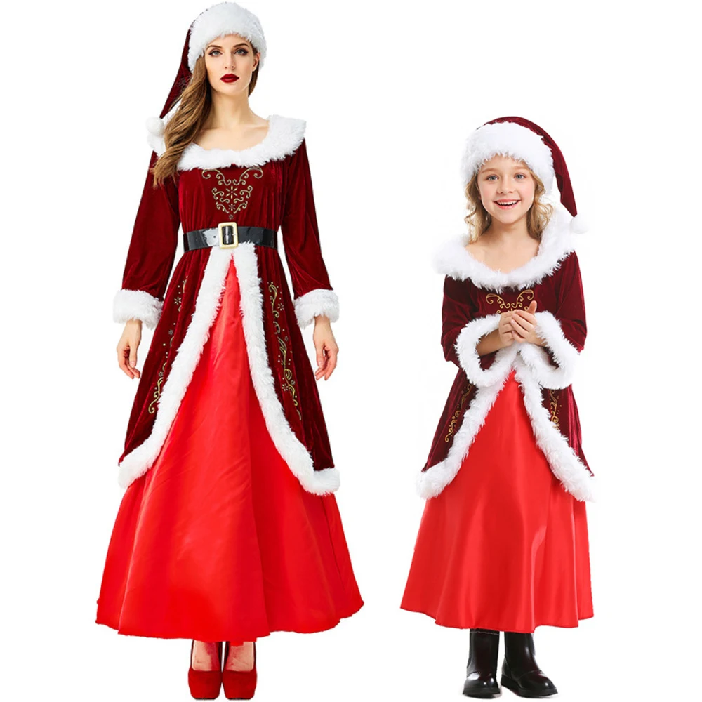 

Christmas Cosplay Costume Xmas Santa Claus Red Dress for Women Kid Outfit Halloween Carnival Party New Year Suits Roleplay