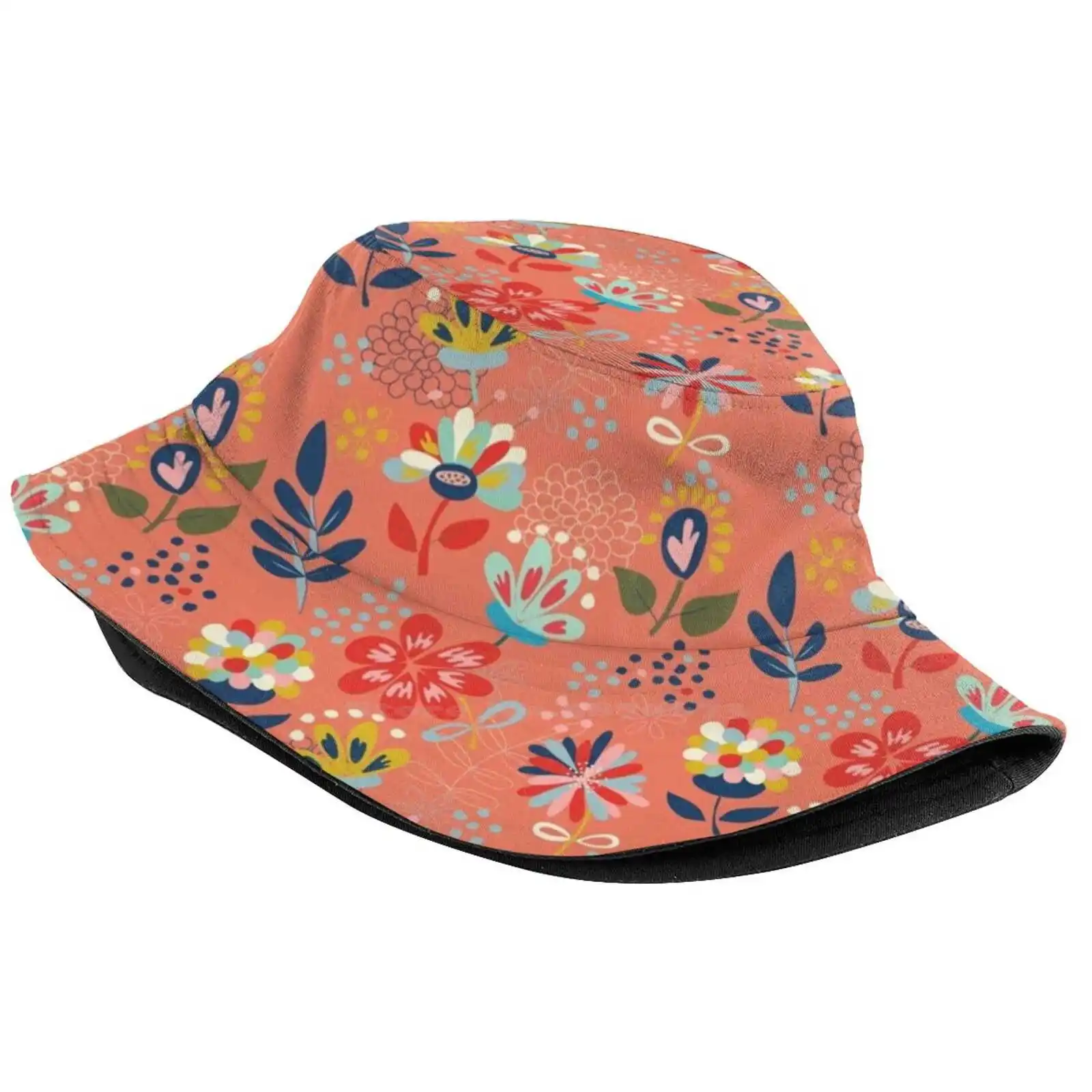 Wild Flowers Unisex Fisherman Hats Cap Floral Pattern Surface Elegant Sweet Yellows Pink Salmon Pastel Red Flowers Nature