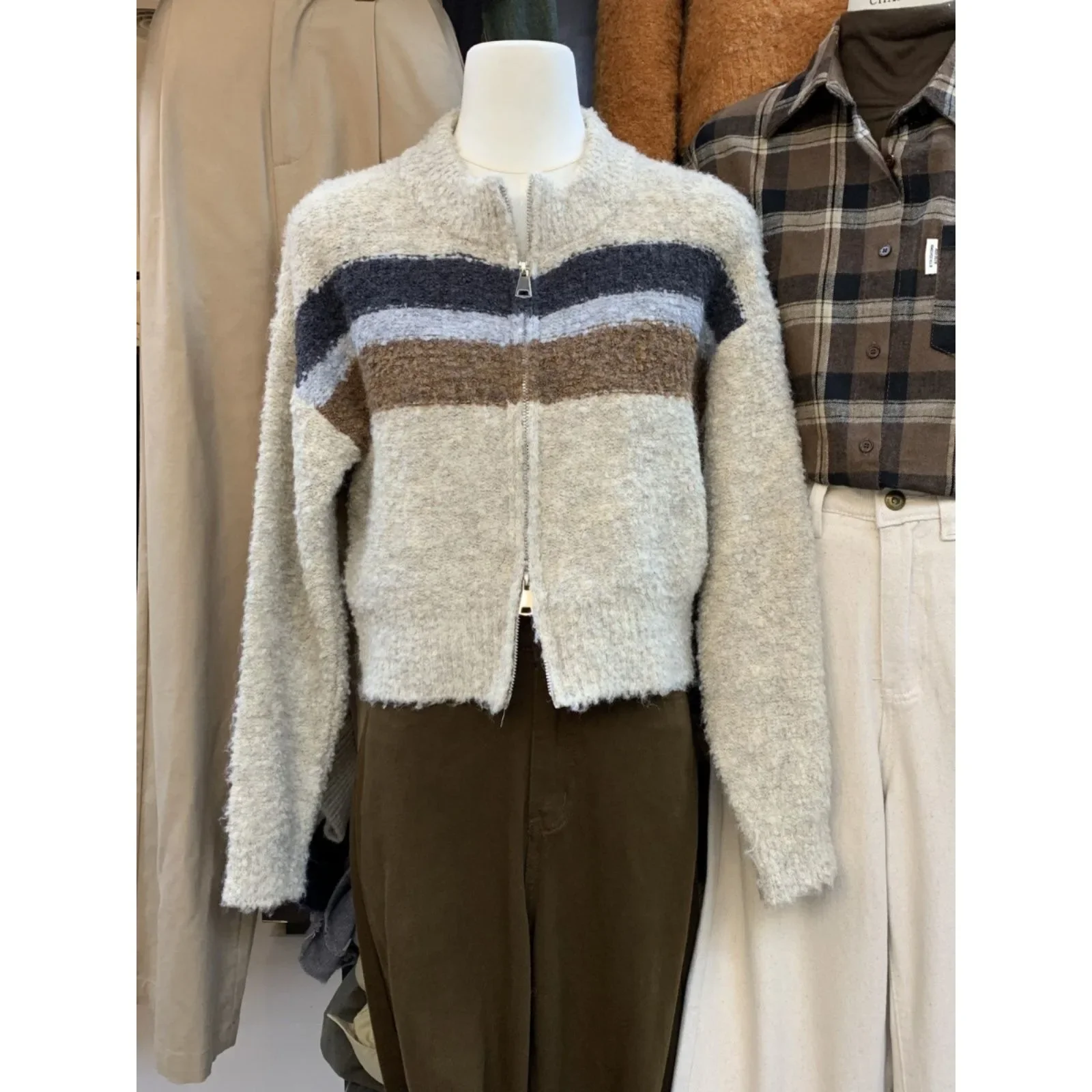 

Women's Stripe Outerwear Soft Cozy Lambswool Blend Korean Gentle Style Long Sleeve Knitted Sweater Double Zipper Stand Collar