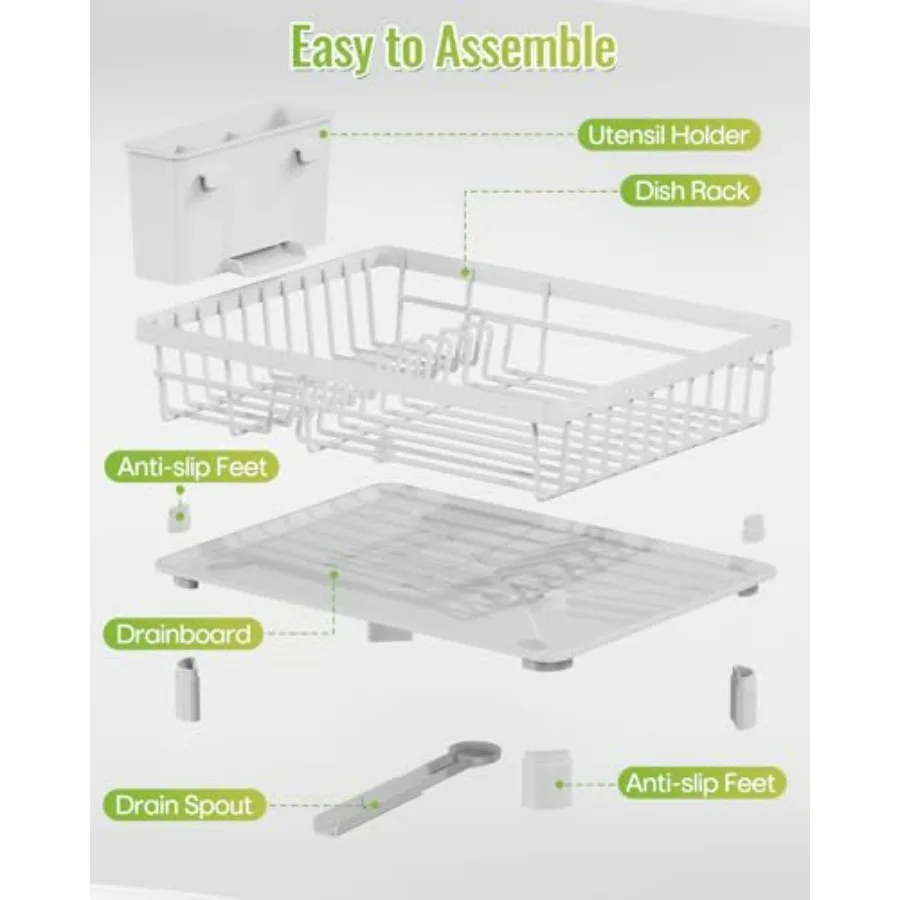 رف تجفيف الأطباق الموفر للمساحة لطاولة المطبخ مع فوهة تصريف قابلة للدوران 360 درجة، رف أطباق متعدد الوظائف يتميز بمدمج