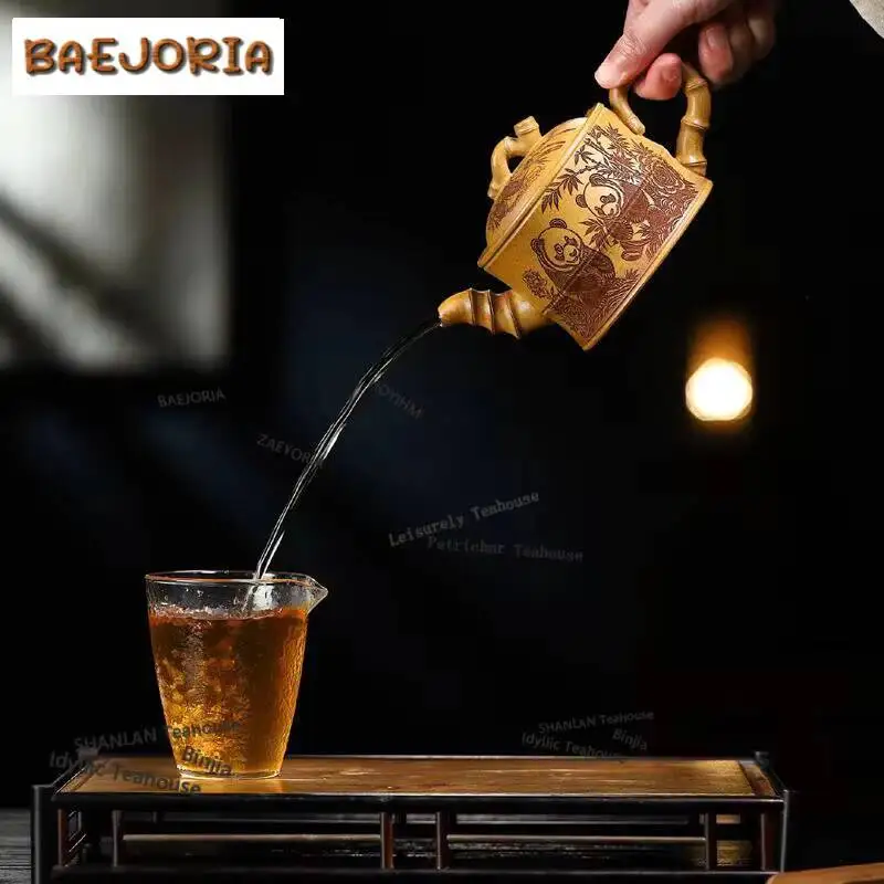 350ml Traditional Yixing Purple Clay Teapots Handmade Bamboo Section Pot Raw Ore The Keel Gold Sand Mud Kettle Zisha Tea Set