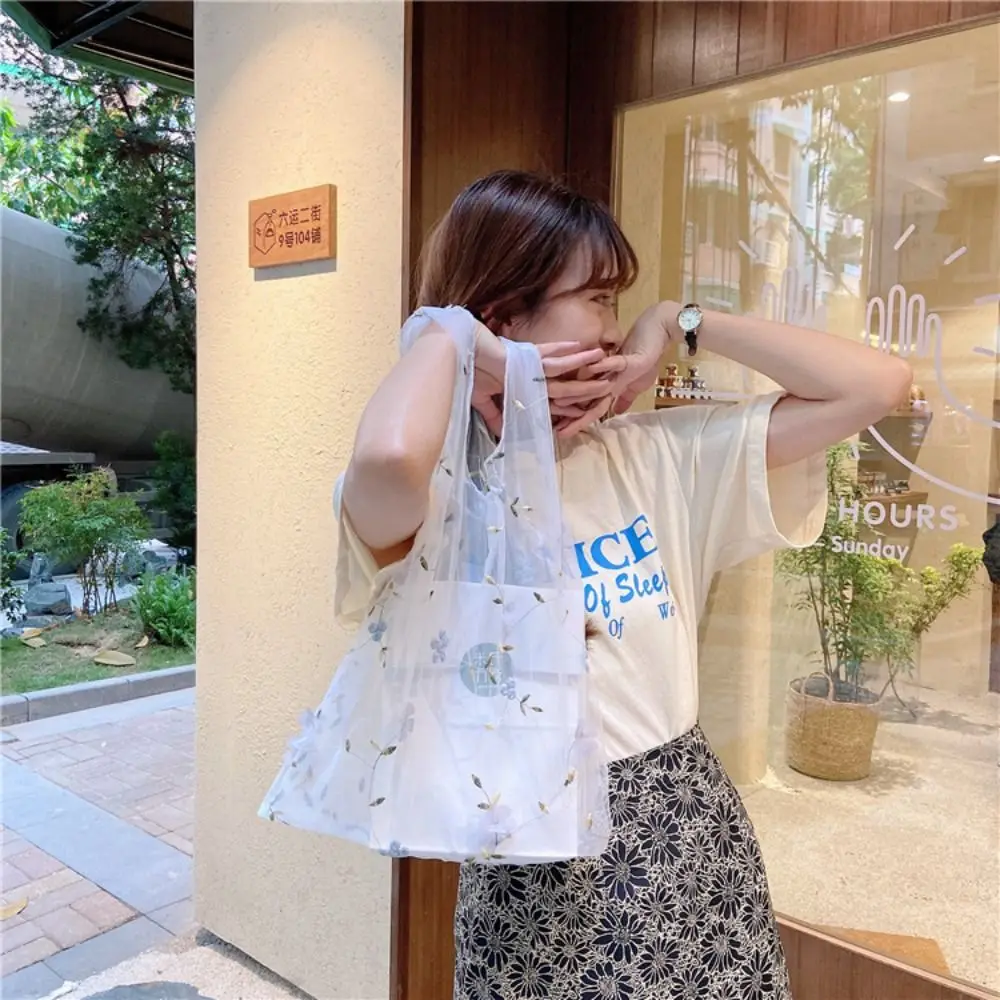 

Casual Large Capacity Transparent Handbag Flower Cloth Embroidery Bag Storage Bag Mesh Shopping Bag Students