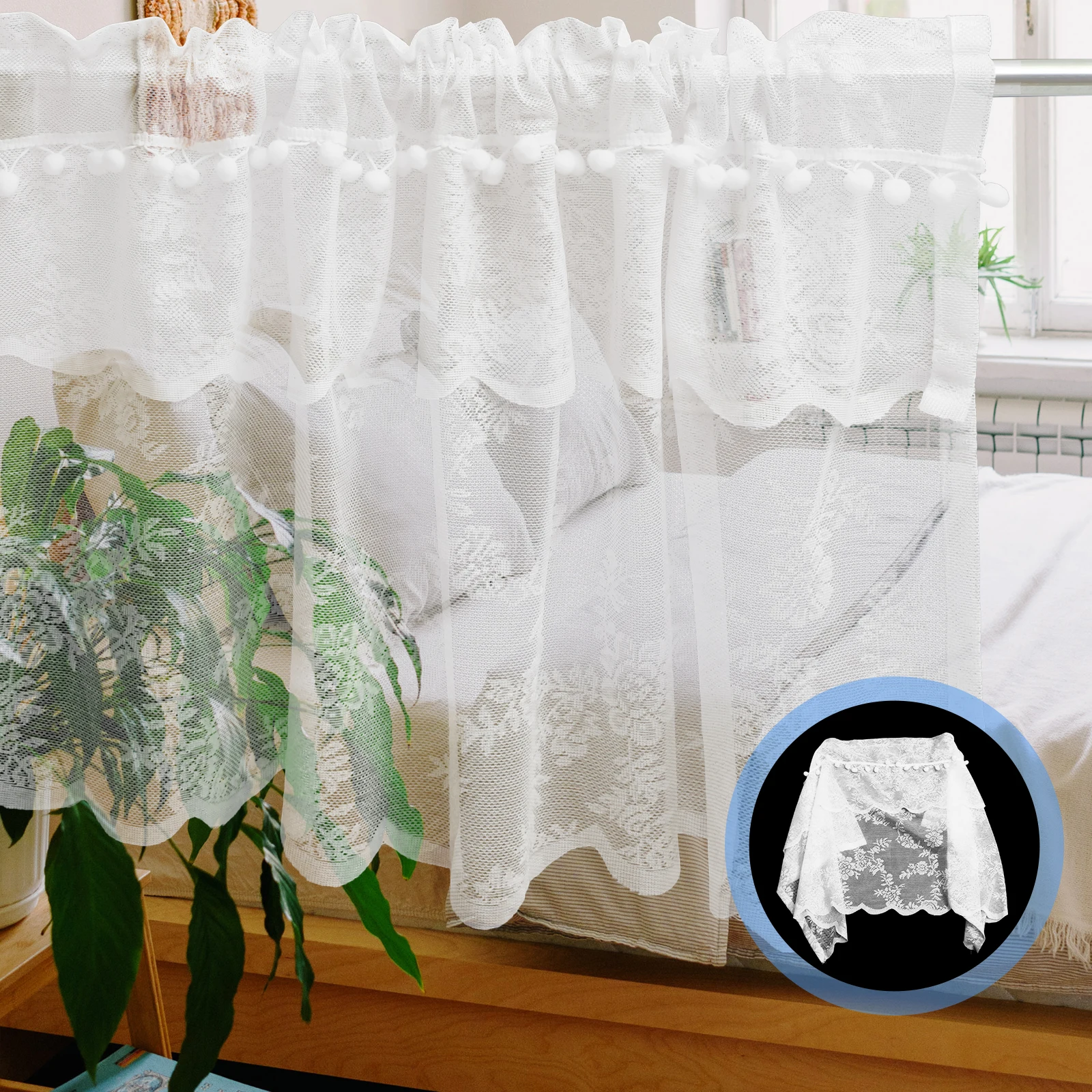 

Lace Sunshade Curtains Window Panels Rural for Kitchen Sheer Shades Mesh Half Tie Up Balloon Valance Farmhouse Decor