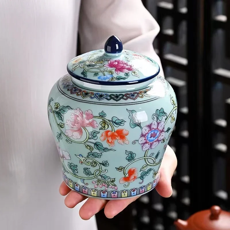 Enamel Painted Flower Tea Jar Moisture-Proof Sealed Storage Box Artistic Craft Ornaments Home Decor Gift