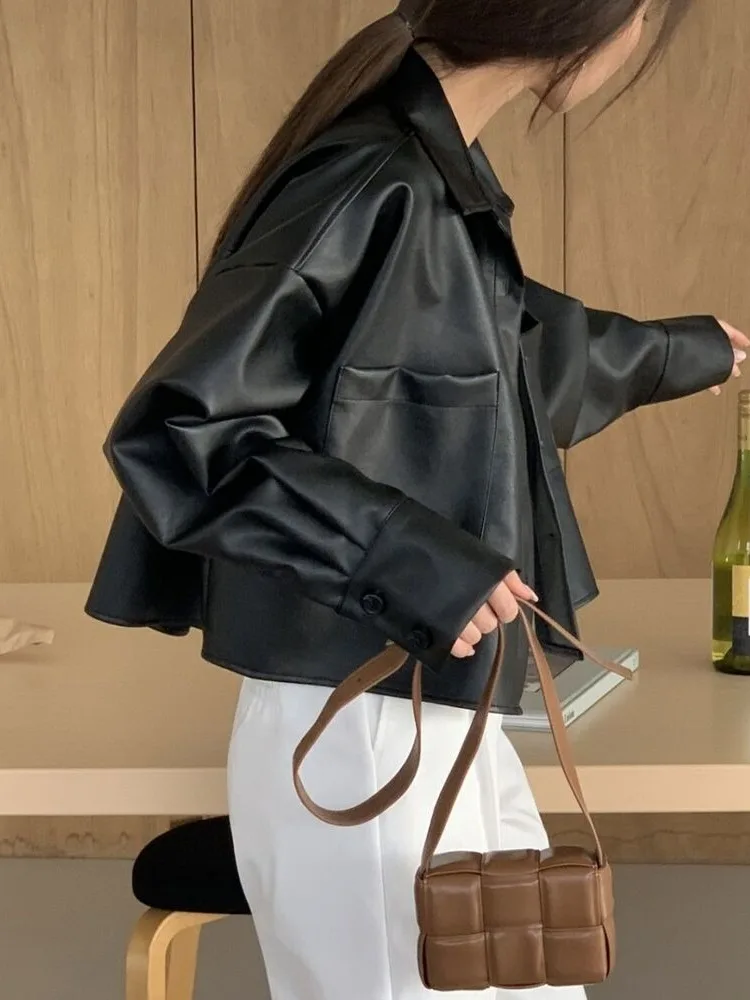 Faionable Bla ort Casual Women's irt Leather Jaet Vintage Versatile Autumn Top Straight Tube PU Leather Long Sve