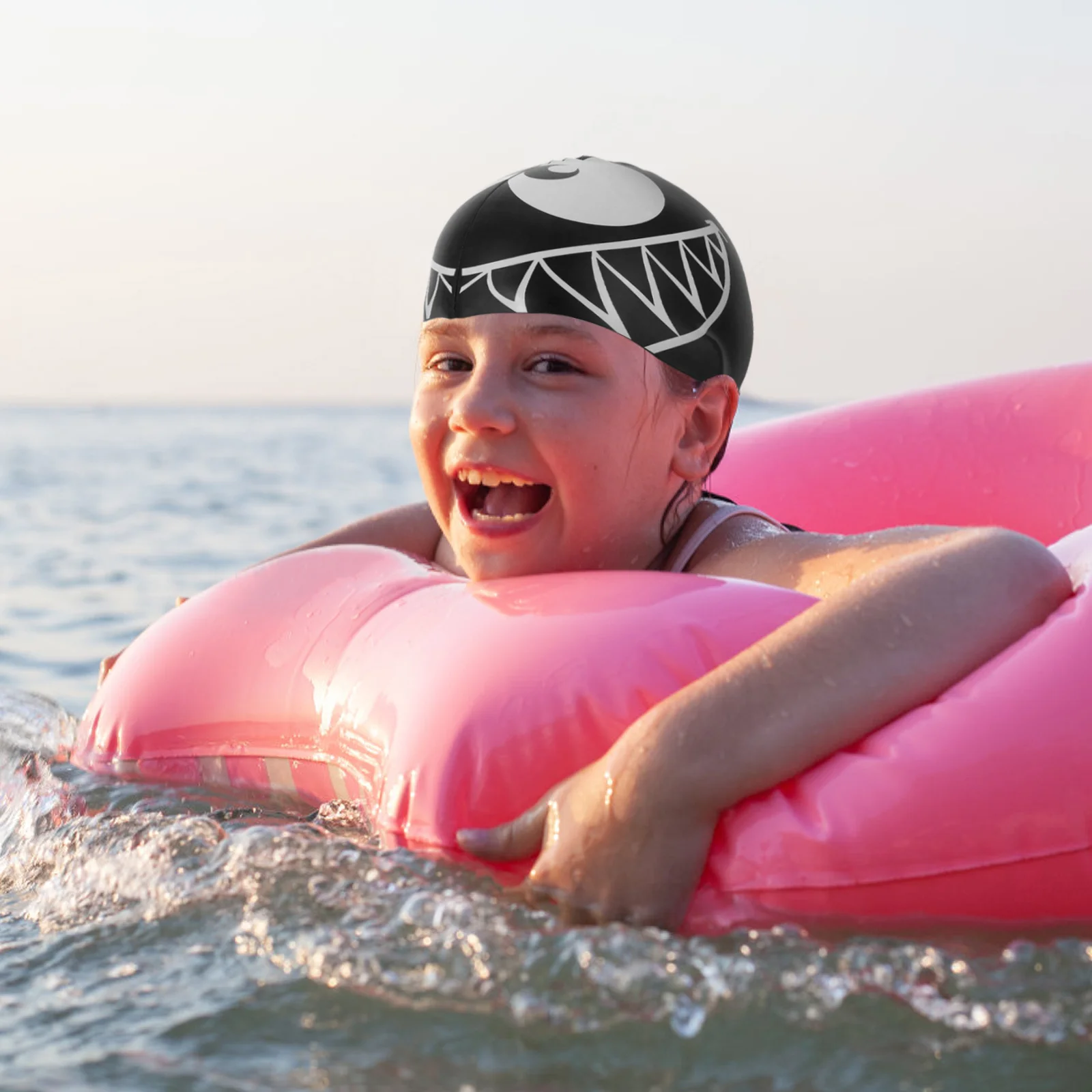 

Cartoon Swim Cap for Children Shark Shape Silicone Swimming Hat with Ear Protection Pool Beach Black Swim Cap Silicone