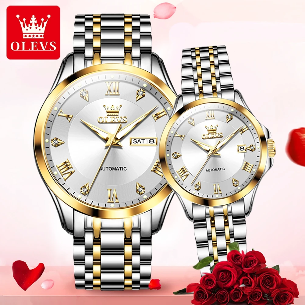 OLEVS ساعات الزوجين الفاخرة موضة الفولاذ المقاوم للصدأ العلامة التجارية الأعلى الأصلية التلقائية الميكانيكية ساعة اليد مقاوم للماء التقويم 2 قطعة #5