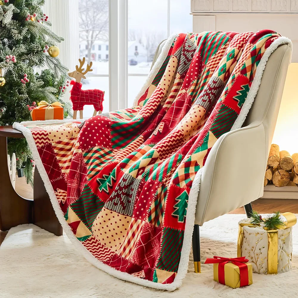 150 x 130 CM Christmas Throw Blanket Christmas Decorations Gift Sherpa Flannel Fleece Winter Soft Holiday Couch Sofa Bed Blanket