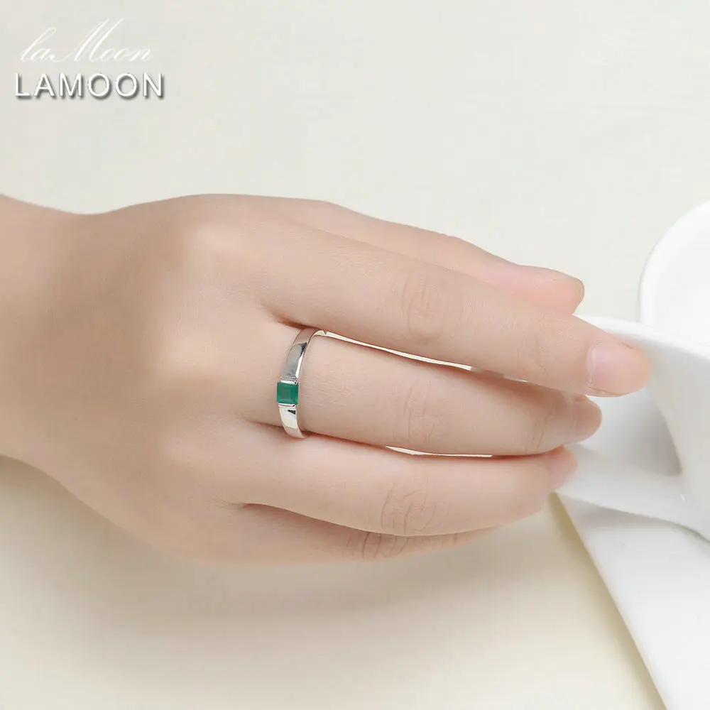 LAMOON S925 Ring For Women Pricess cut Green Agate Chalcedony 925 Sterling Silver 18K White Gold Plated Fine Jewelry LMRI006