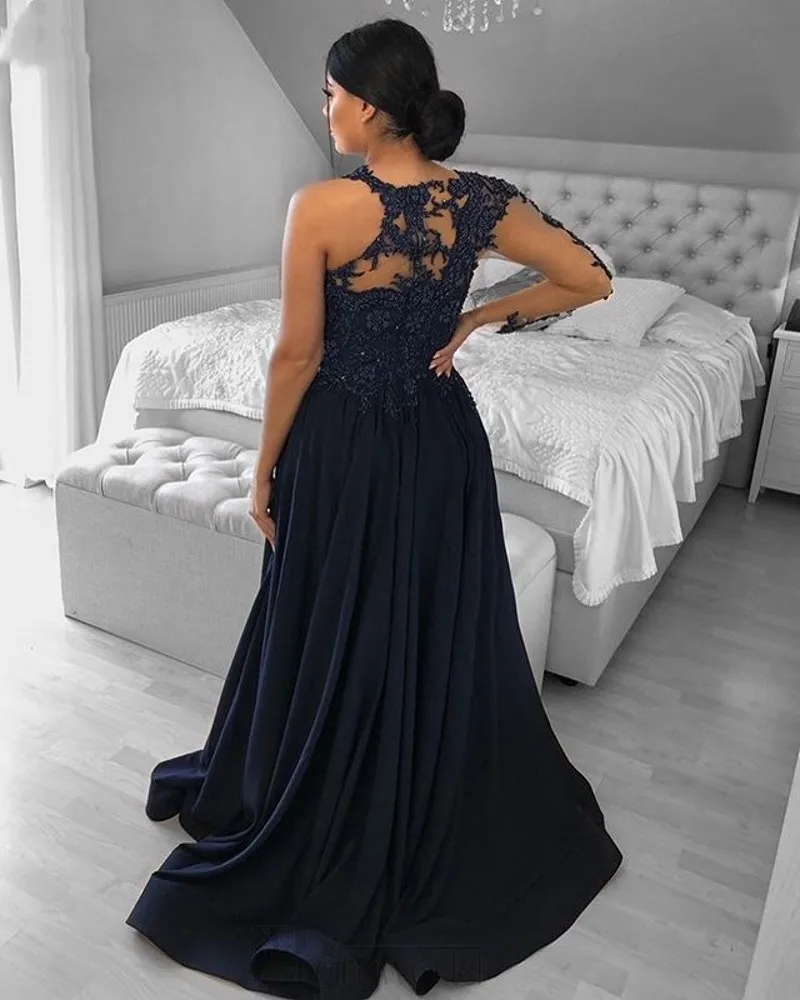 Gaun malam Dubai satu bahu terbaru gaun malam biru dongker lengan panjang A Line dengan manik-manik renda Satin belahan gaun Prom Formal Robe De Soiree