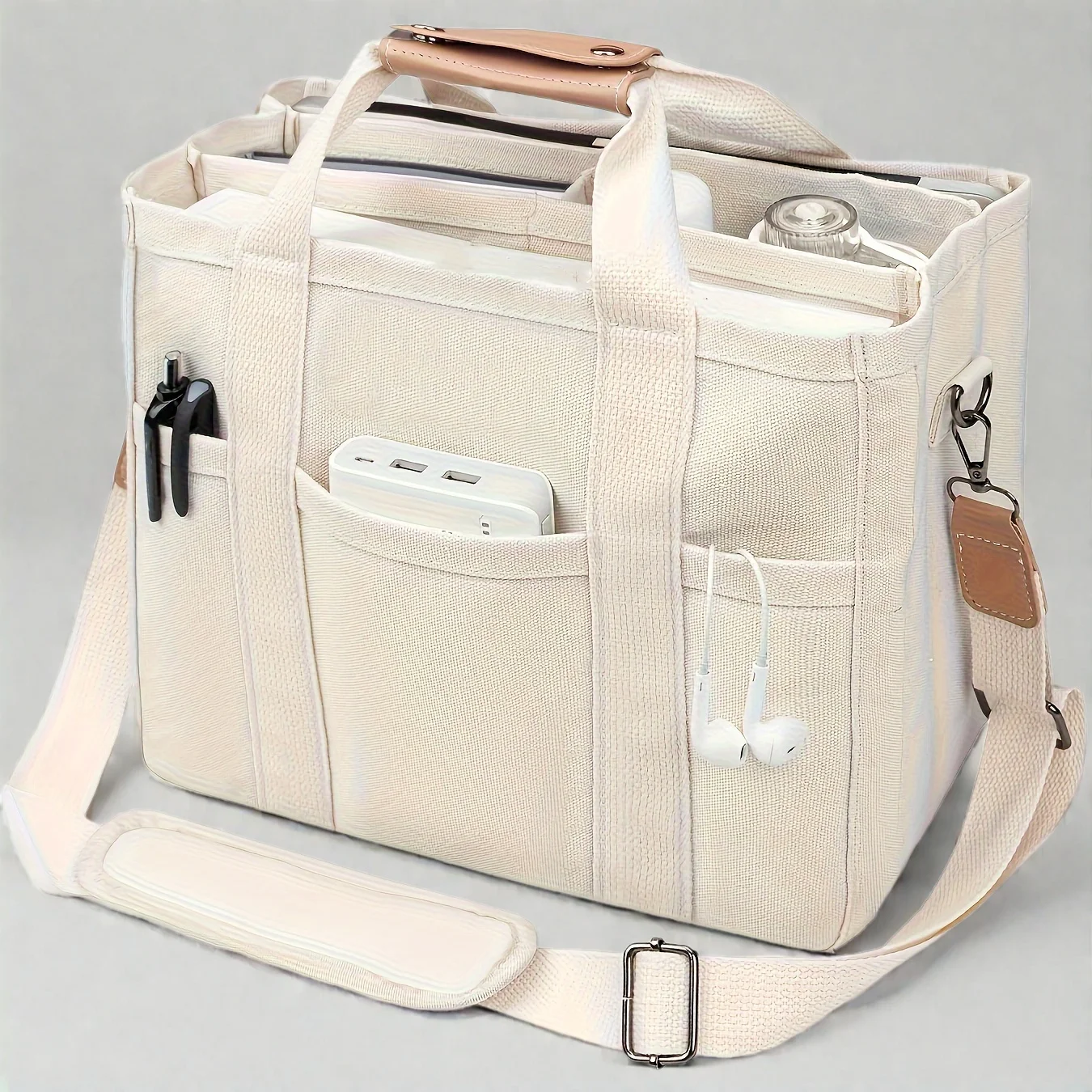 Spacious Multi-pocket Canvas Tote Shoulder Bag Versatile Handbag with Sturdy Handles Adjustable Strap Daily Work Travel Crossbody Purse for Women