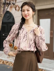 MISHOW French Lace Patchwork V Neck Shirt for Women 2024 Autumn Long Sleeve Floral Print Blouse Cute Office Lady Tops MXC51X1308