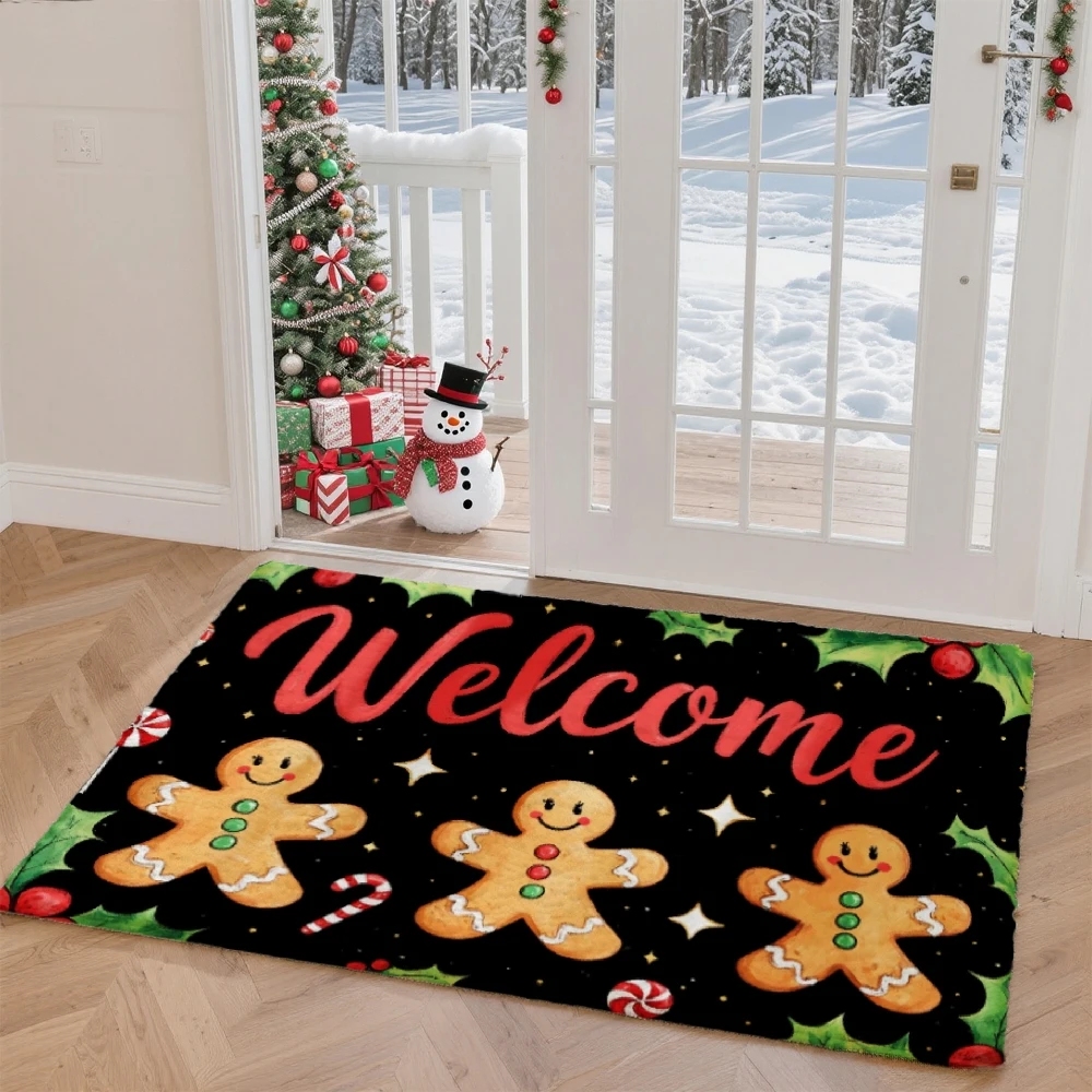 Of 1, 2, Or 3 Door Mats Featuring a Christmas Welcome Design, Perfect for The Kitchen Or Bathroom. This Flannel Mat Showcases a Gingerbread Man on a Black Background, Making It an Excellent Gift for Housewarmings, Halloween