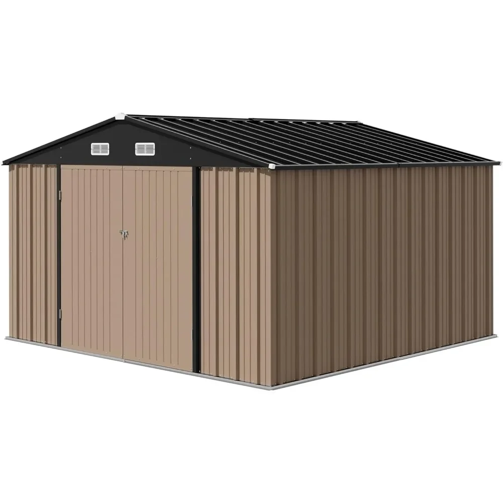 10 x 10 FT Outdoor Storage Shed, Metal Sheds & Outdoor Storage House for Patio Garden (Brown)