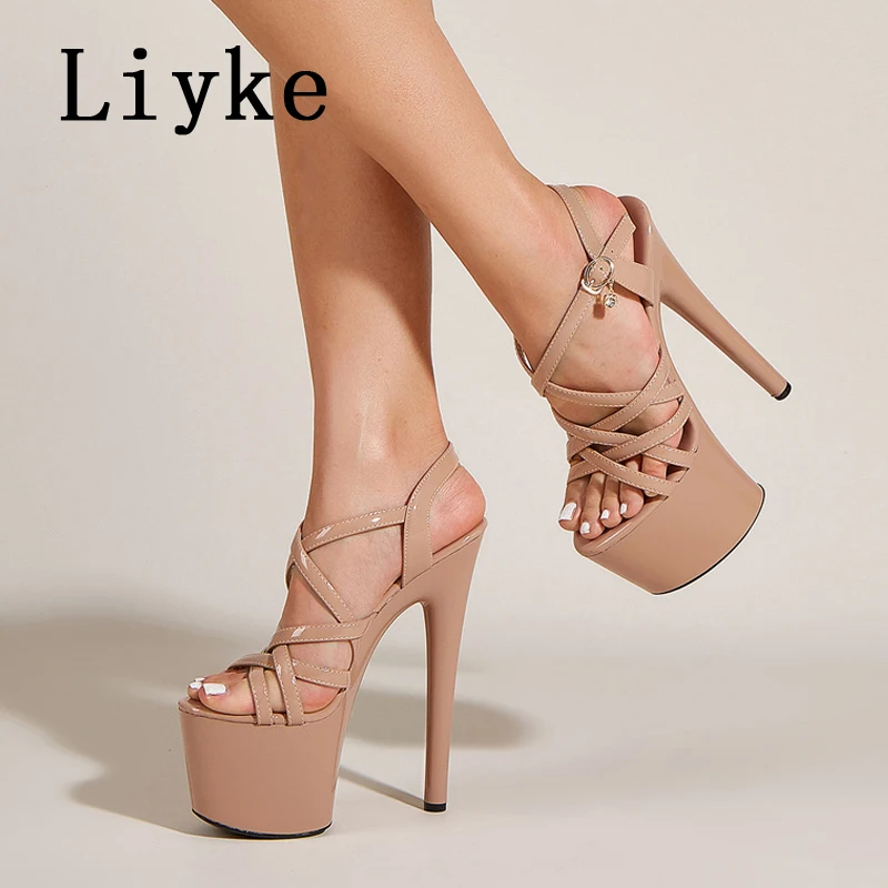 Liyke Sexy Peep Toe Stripper Pole Dance Extreme High Heels Summer Hollow Narrow Band Platform Sandals Women Banquet Dress Shoes