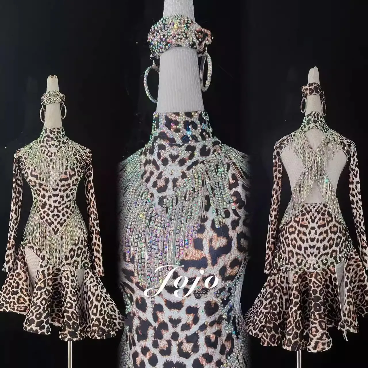 

Платье для латиноамериканских танцев: женское, для взрослых и детей, элитное, на заказ, с высоким воротником, с леопардовым принтом, без спинки, для выступлений по самбе