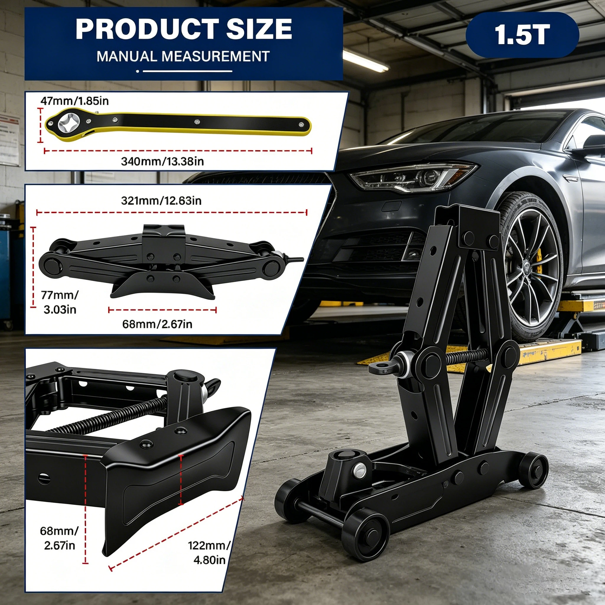 

New 1.5T car jacks 2 in 1 Manual Lift Jack Car Repair Tool Lifting Tool with Labor-saving Ratchet Wrench Foldable Jack for Car