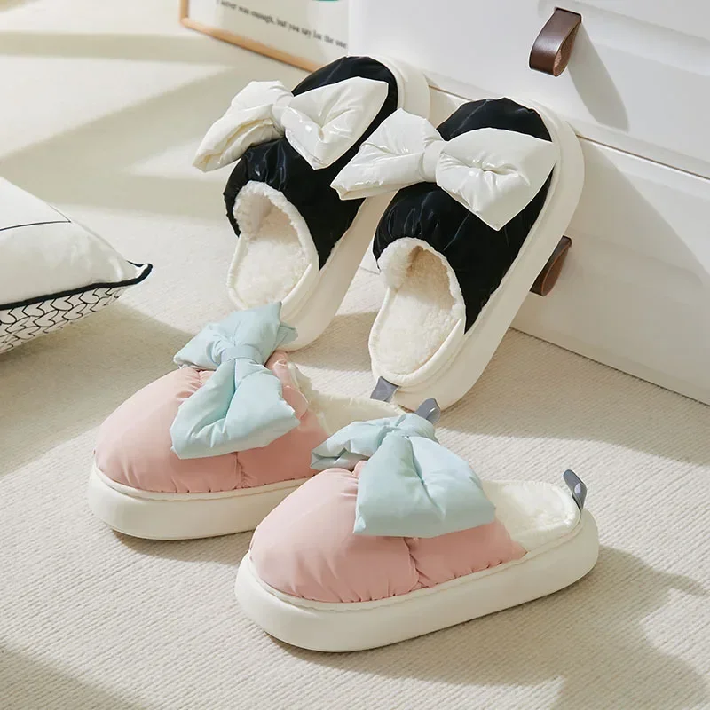 Winter Cute Children's Bow Tie Warm Plush Slippers Soft Sole Non-slip woman Indoor Home Heel Wrap Cotton Shoes