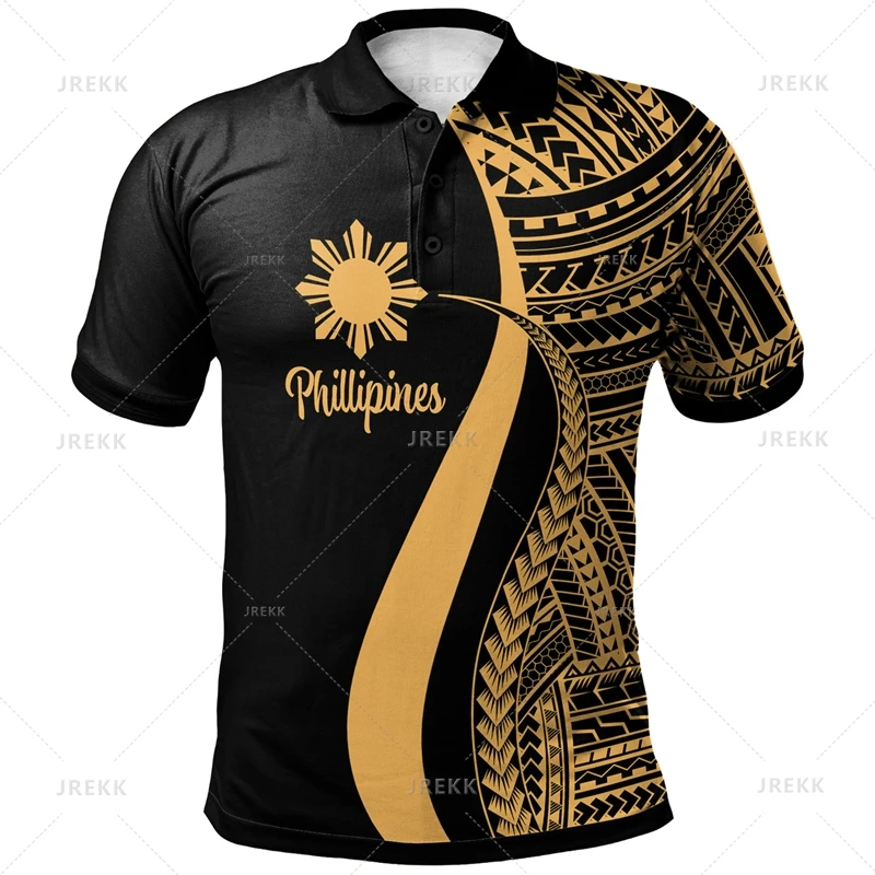 3D polo vintage para homens, impressão gráfica filipina, tops gráficos tribais, gráfico tribal