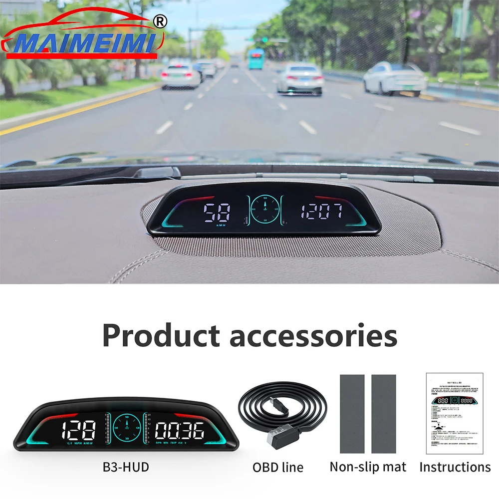 B3 Head Up Display Speed RPM Water Temp Fuel Consumption OBD Smart Digital HUD  with Overspeed  Alarm