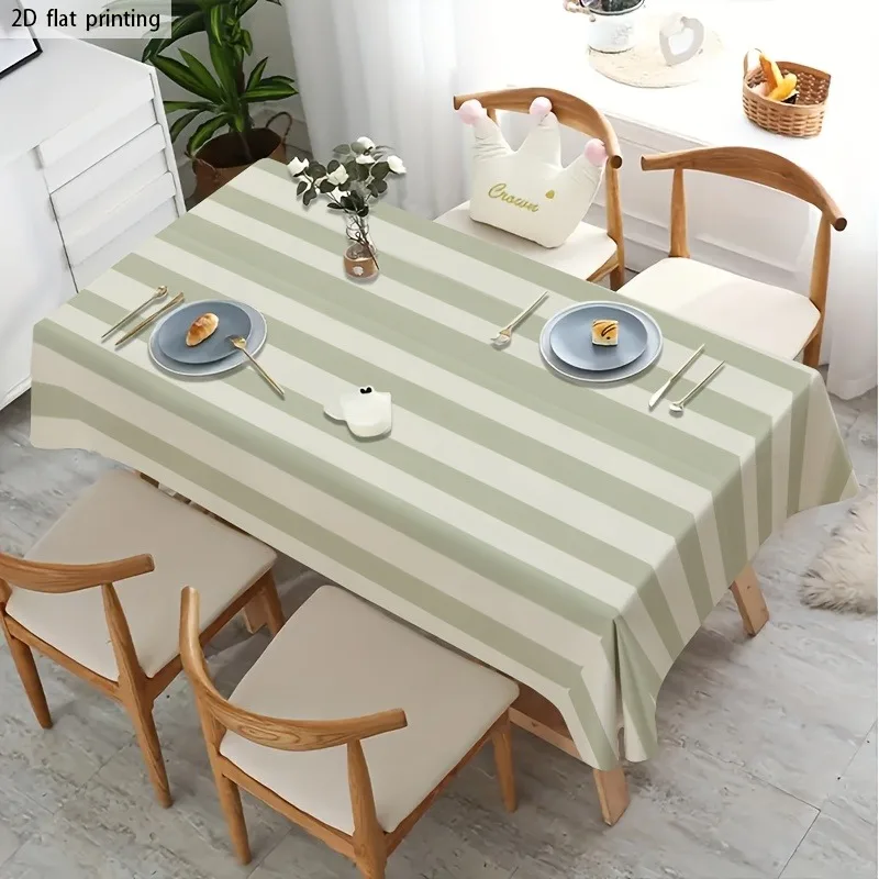 One light green contrasted with light beige striped printed tablecloth, perfect for parties.