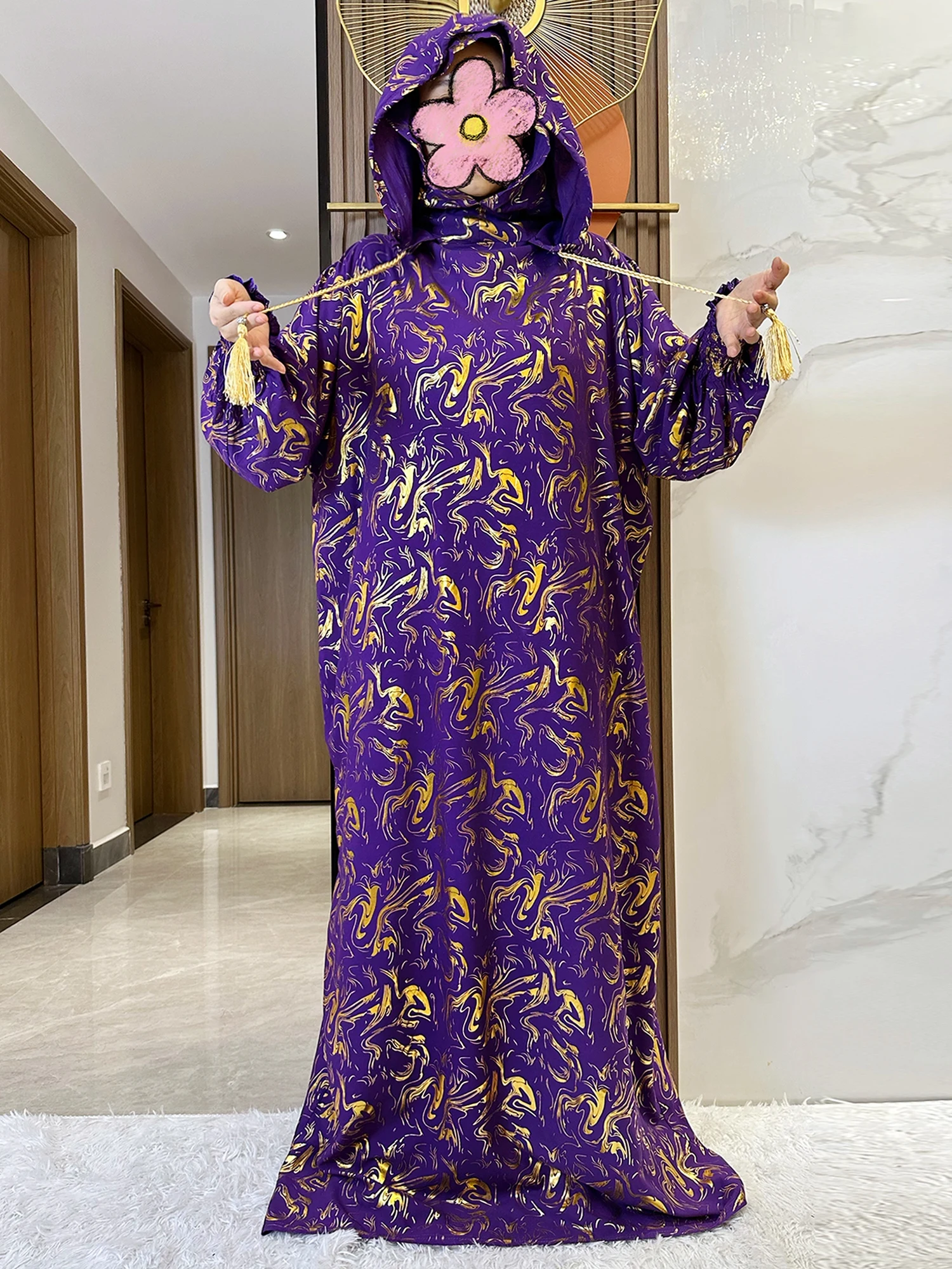 Fashion Muslim Hijab Long Sleeve Women Eid Hooded Two Hats Cotton Loose Dress Dubai Islamic Maxi Arab Robe African Abaya Clothes