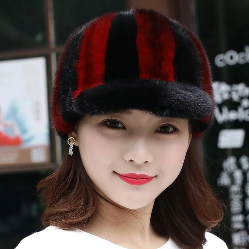 Real Mink Fur Hat  For Women Thick Warm Russian Cap Adult Fashion Warm Winter Baseball Cap Natural Min Fur Hat Gray Fur Hat