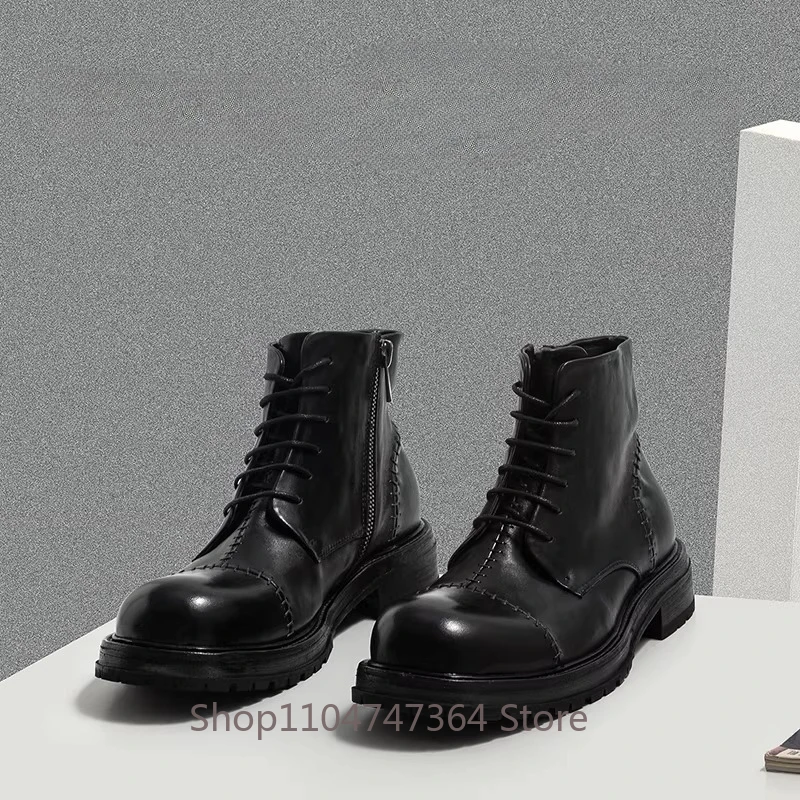 Italian Handmade Genuine Leather Casual Chelsea Boots Men's High Top Lace Up Breathable Chelsea Riding Ankle Boots Male Shoes