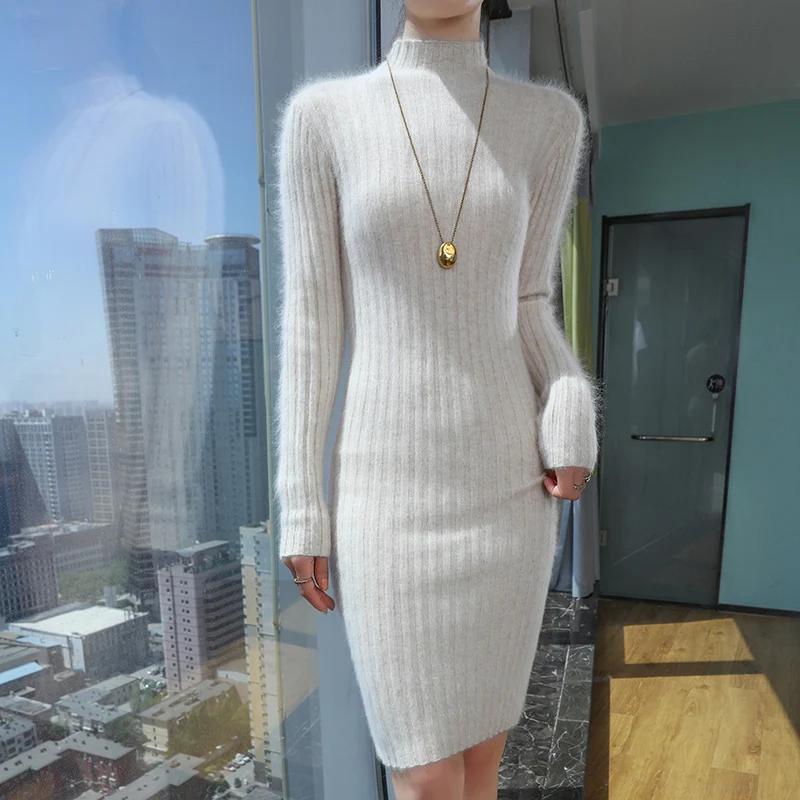 Hot selling 100% mink cashmere women\'s semi high neck dress sweater slim fit long sleeved knitted women\'s long style pullove