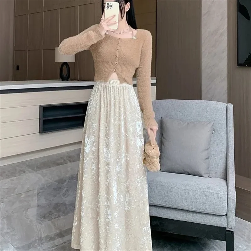 2025 femmes mode jupes décontractées automne hiver dames taille haute Maxi jupe rétro féminin mi-longue doré velours longues jupes