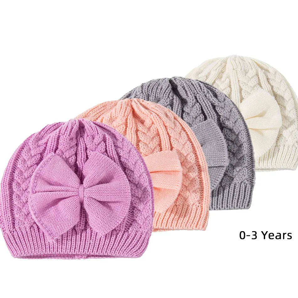 Girl Turban Headwrap with Big Bow Baby White Pink Purple Gray Crochet Knitted Beanie Toddler Kids Winter Fashion Cap 0-36 Months