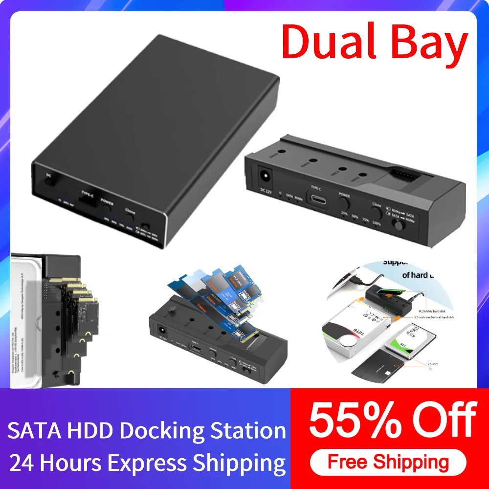 

New Dual Bay SATA HDD Docking Station M.2 Nvme Case Type C 10Gpbs Docking Station 2.5"/3.5" SATA HDD Enclosure Clone Duplicator