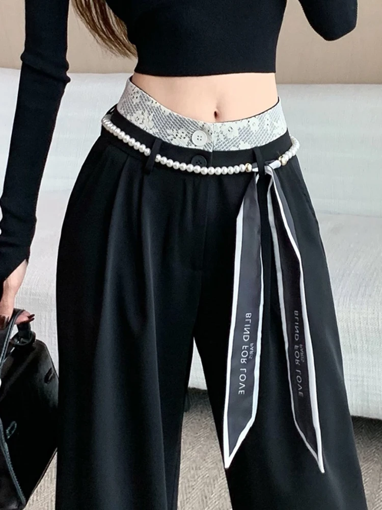 High-end black suit pants for women autumn lace patchwork high waisted loose straight leg floor length wide leg pants