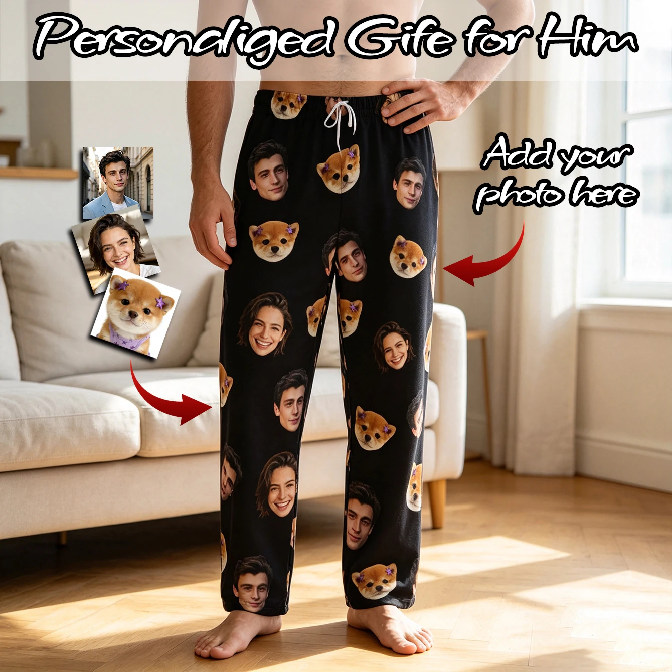 Customized Sleeping Pants with Personalized Facial Photos Long Sleeved Warm Sleeping Pants for Both Men and Women Fun Christmas