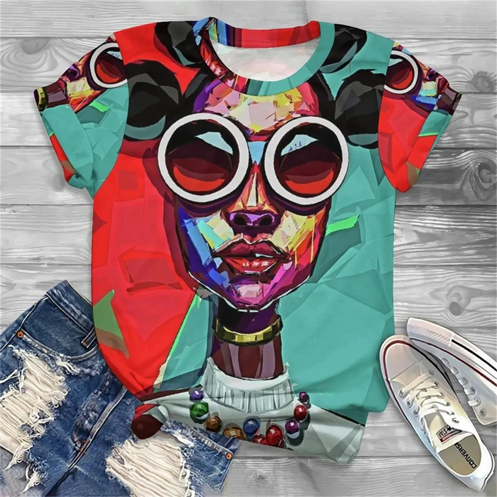 Fashion Women's T-Shirts Funny 3D Girl Print Tops Short Sleeve Tee Summer Africa Graphic Pullover Loose Harajuku Female Clothing