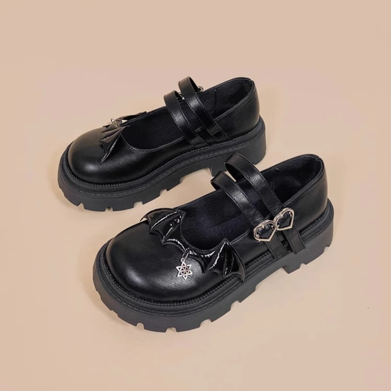 Dophee Japan Style Demon Wings Black Leather Shoes Vintage Mary Jane Pumps Love Buckle Sweet Women Lolita Gothic Thick Bottom
