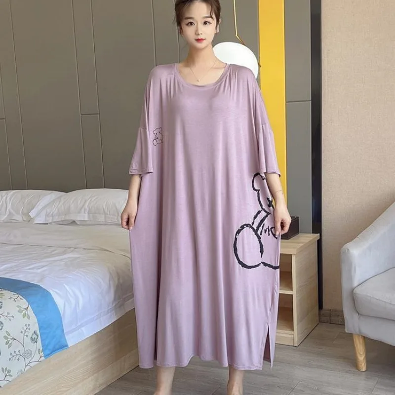 150kg Plus Size Summer Nightgown Women Loose Long Homewear Sleepwear Dresses Oversize Cartoon Pajamas Short Sleeve Night Shirt