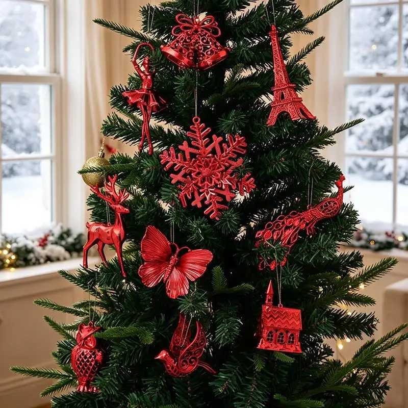 Festive 3D Electroplated Christmas Pendant Gold & Red Christmas Tree Hanging Ornaments For Tree, Window & Party Decor