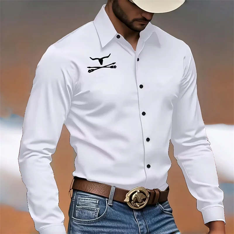 Men's Long-Sleeved Cowboy Style Shirt with Bull Head Print, Slim Fit, Turn-Down Collar, Retro Casual Versatile Top, Sizes XS-6XL