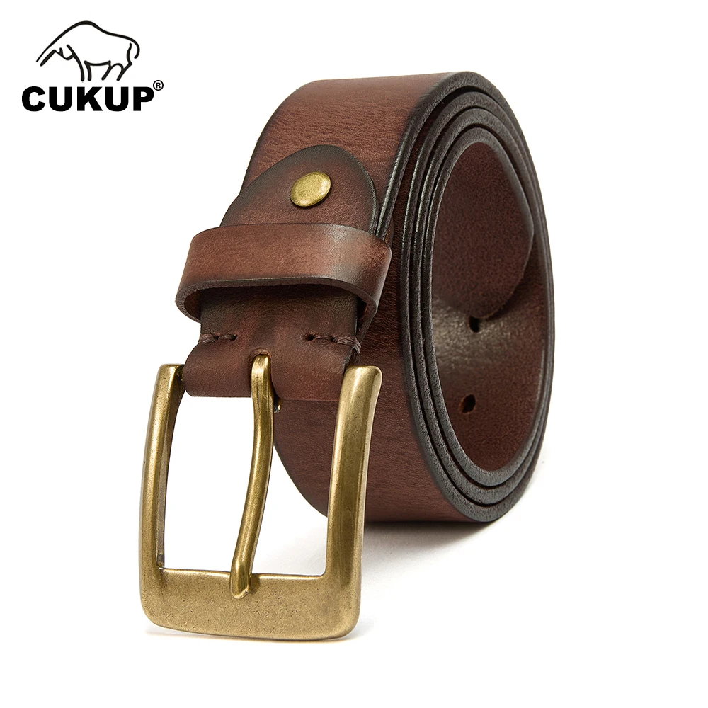 

CUKUP Real Pure 100% Solid Cow Belt Male Leather Gold Brass Buckle Metal 38mm Wide Vintage Water Washing Jeans Accessories