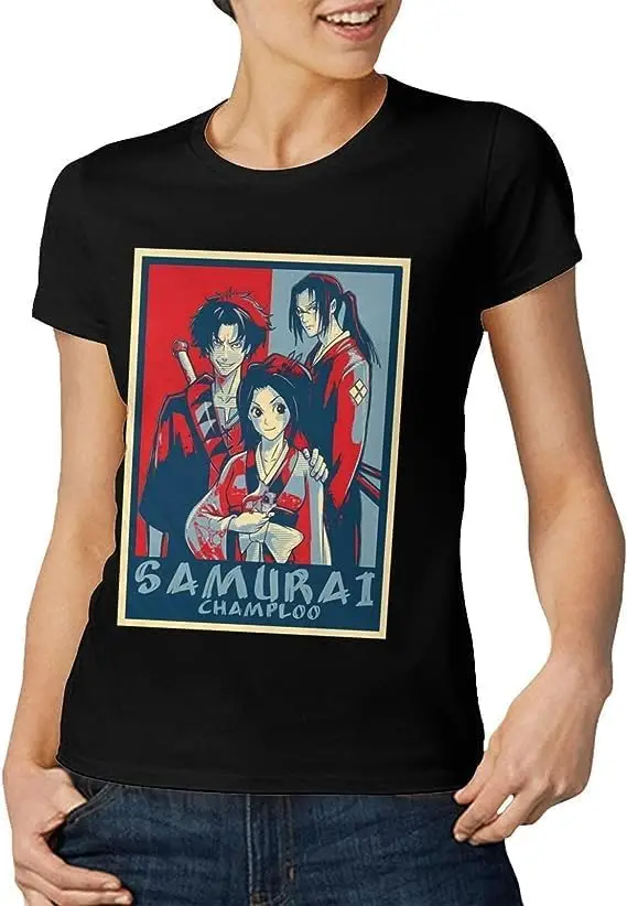 Samurai Anime Champloo Shirt Women's Fashion Short Sleeve Cotton T Shirts Quick Dry Pattern Custom Tee Tops Black