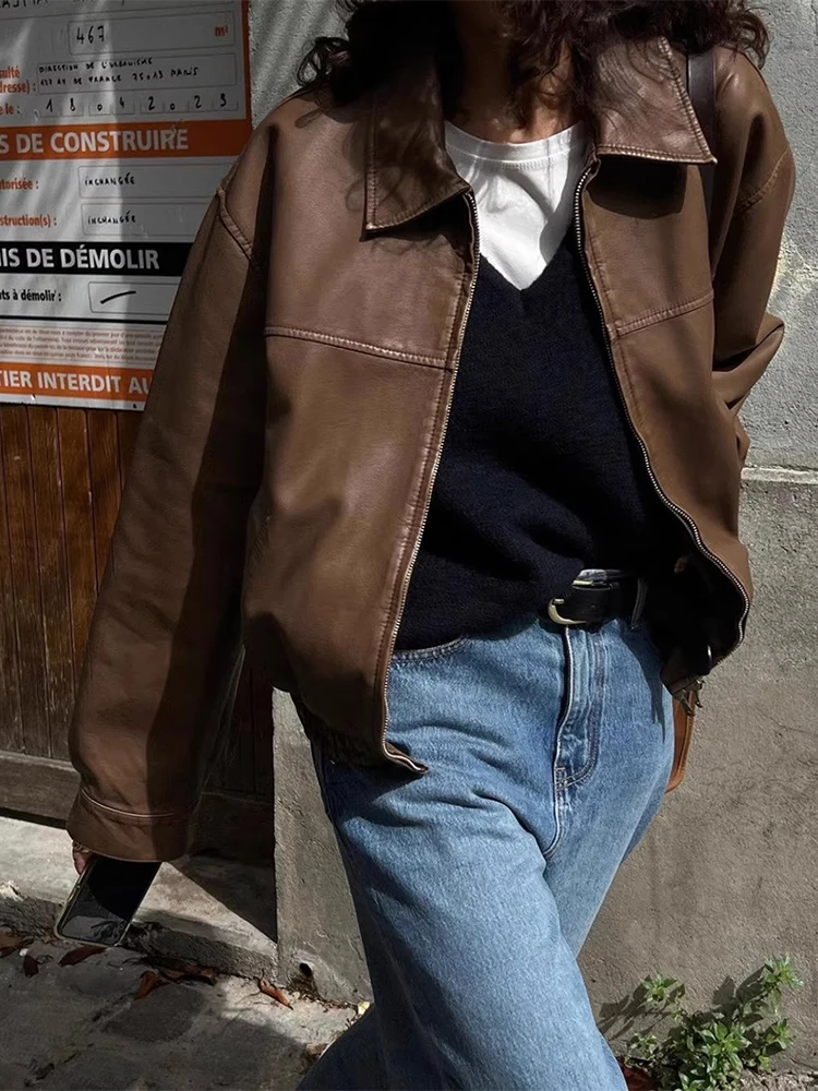 Chic Vintage Moto Jaet Cappotto lungo in pelle con colletto con cerniera ampia da donna Sli Autunno Nuovo arrivo BF Sle