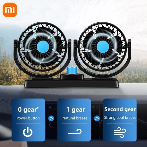 Imagen 2 del producto Ventilador de coche Xiaomi 360 ° Ventilador de aire ajustable de 2 cabezales, ventilador eléctrico automotriz, ventilador USB/12V/24V, ventilador silencioso de 2 velocidades para escritorio en casa
