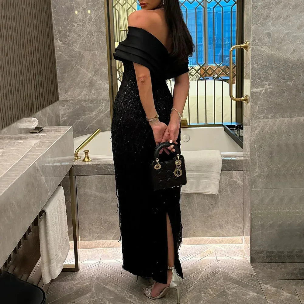Op maat gemaakte off-the-shoulder lange avondjurken Elegante formele gelegenheid galajurken Kralen 2025, enkellange galajurken