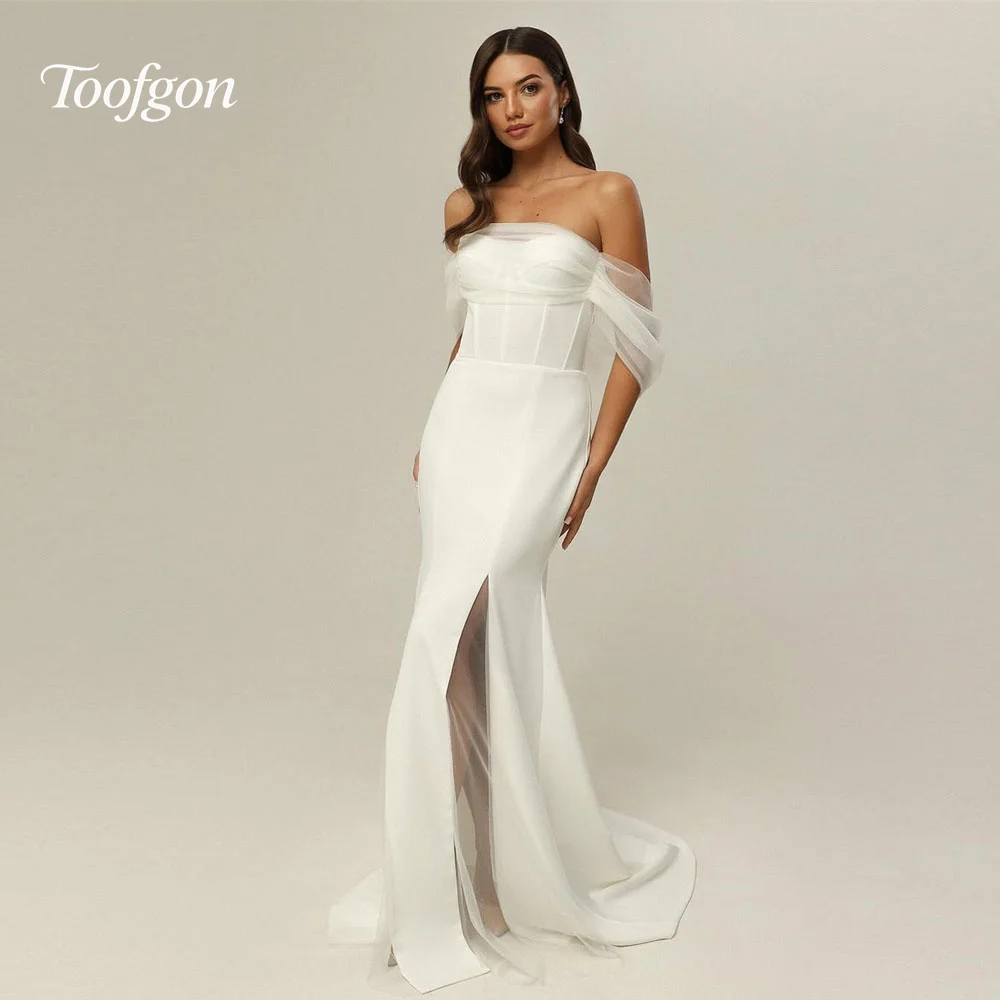 

Toofgon Elegant Customized Sweetheart Mermaid Wedding Dresses Off Shoulder Short Sleeve Bride Gown Backless Beach Bridal Gowns