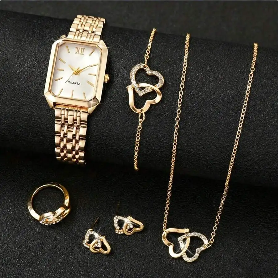 Womens Square Case Quartz Watch With Heart Pendant Necklace Jewelry Set Fashion Casual Gift view 4