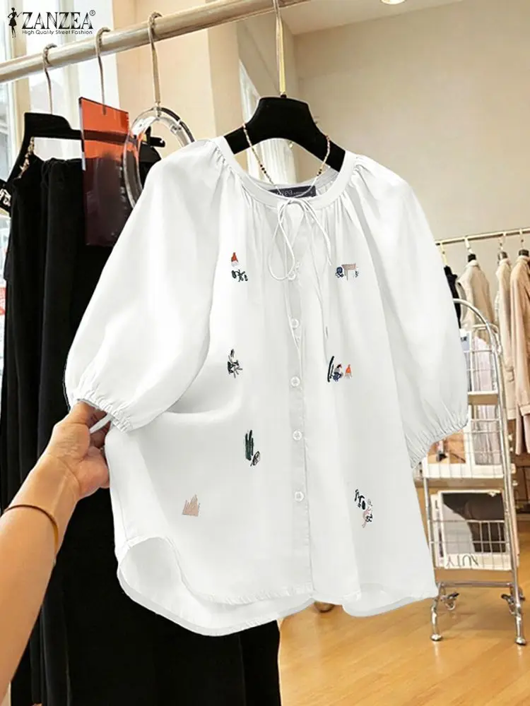 2025, Sommer Büro Hemd ZANZEA Frauen Gestickte Bluse Elegante Kurzarm Arbeit Blusas Casual O Neck Lose Tops Weibliche Mujer